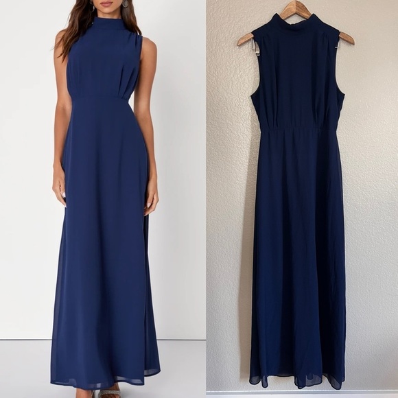 Classic Elegance Navy Chiffon Sleeveless Mock Neck Maxi Dress - Picture 1 of 8